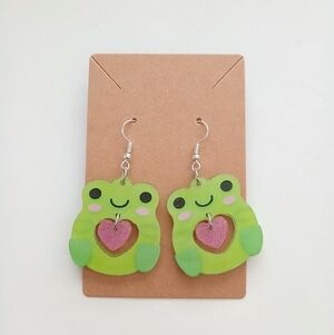 Fashion Jewelry Green Frog Earrings with Pink Heart